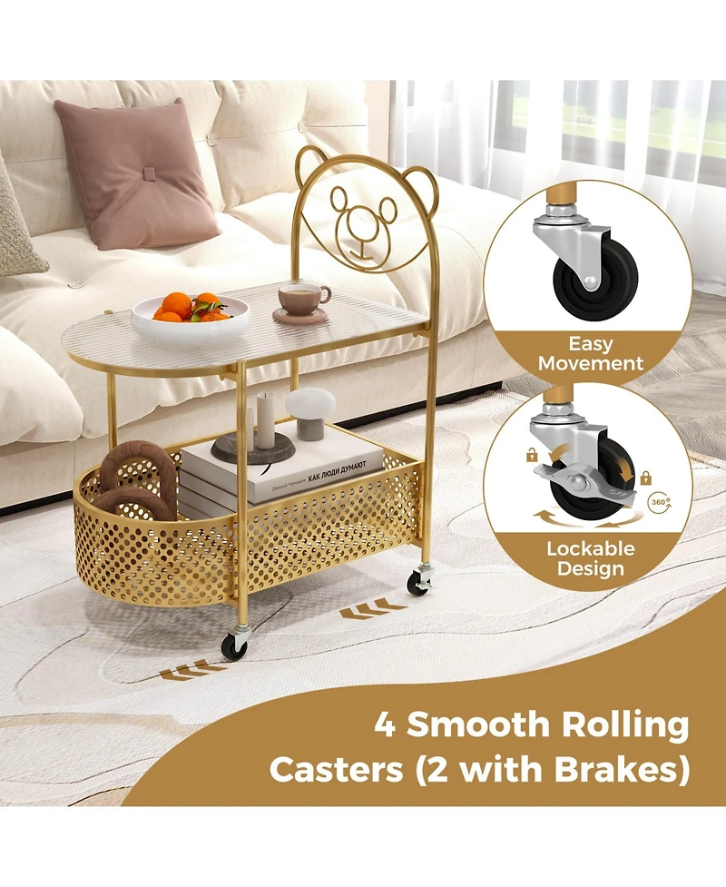 Gouun 2-Tier Mobile Glass Table with Bear Pattern