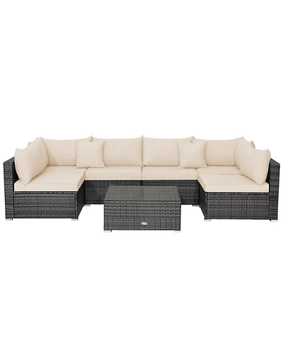 7 Pieces Patio Rattan Furniture Set with Sectional Sofa Cushioned
