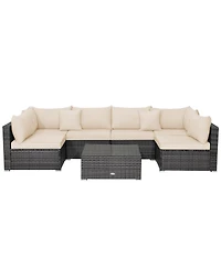7 Pieces Patio Rattan Furniture Set with Sectional Sofa Cushioned