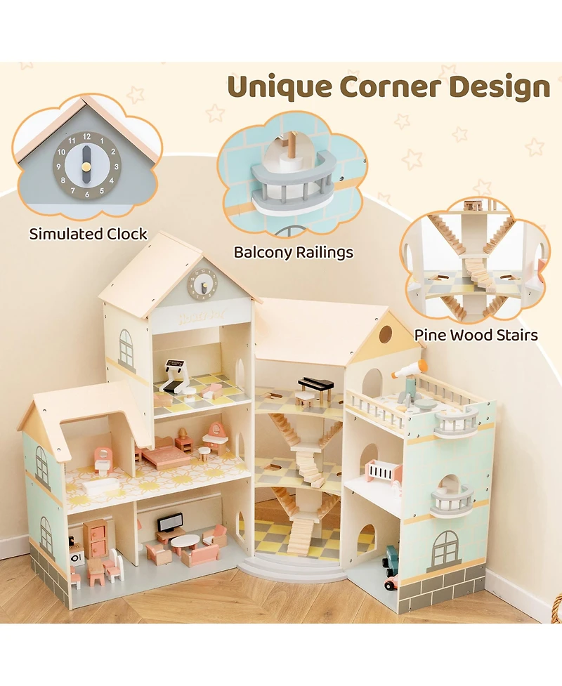 Gymax Wooden Corner Dollhouse Playset w/ 41 Pieces of Furniture and Accessories