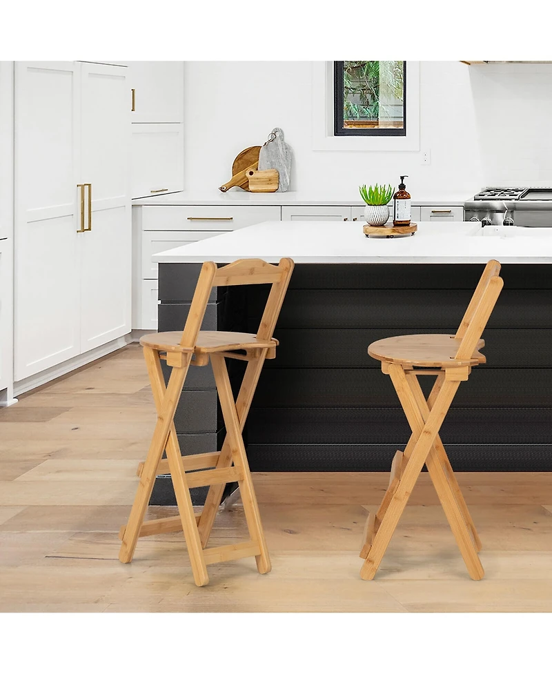 Gymax Set of 2 Bamboo Folding Barstools Counter Height Dining Chairs Installation Free