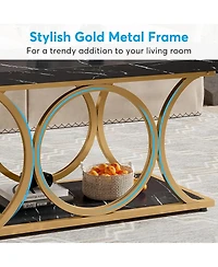 Tribesigns Rectangle Coffee Table, 47.24-inch Modern Coffee Tables for Living Room, 2-Tier Faux Marble Wood Coffee Table with Geometric Metal Legs,Bla