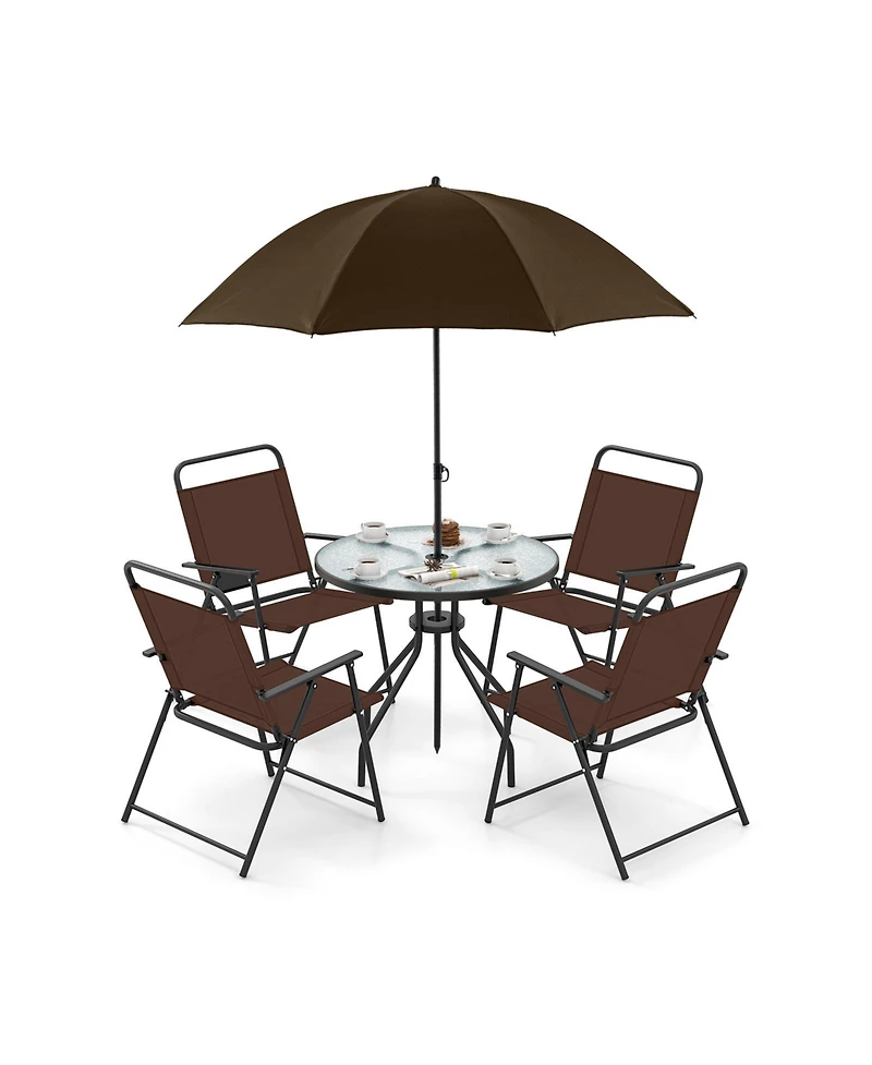 6 Pieces Patio Dining Set Folding Chairs Glass Table Tilt Umbrella for Garden