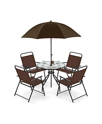 6 Pieces Patio Dining Set Folding Chairs Glass Table Tilt Umbrella for Garden