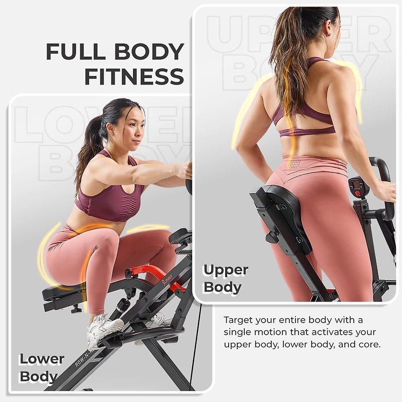 Sunny Health & Fitness Row-n-Ride Pro Assisted Squat Rowing Machine, 300 Lb Capacity Hydraulic Rower w Free SunnyFit App via Bluetooth