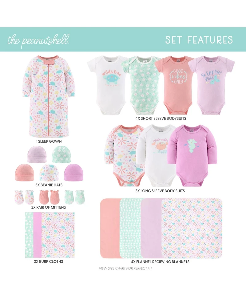 The Peanutshell Baby Girls Layette Gift Set Girls, Ocean Flower, 23 Essential Pieces, 0-3 Months
