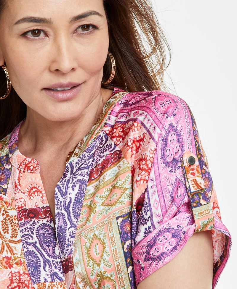 Jm Collection Women's Printed Satin Short-Sleeve Top, Exclusively at Macy's