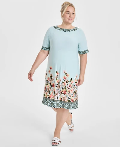 Jm Collection Plus Border-Print Short-Sleeve Shift Dress, Exclusively at Macy's