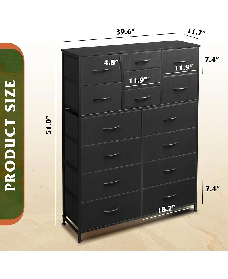 Wlive Dresser for Bedroom with 10 Drawers Tall Storage Tower with Drawer Organizers Side Pockets and Hooks Fabric Dresser Chest of Drawers for Living