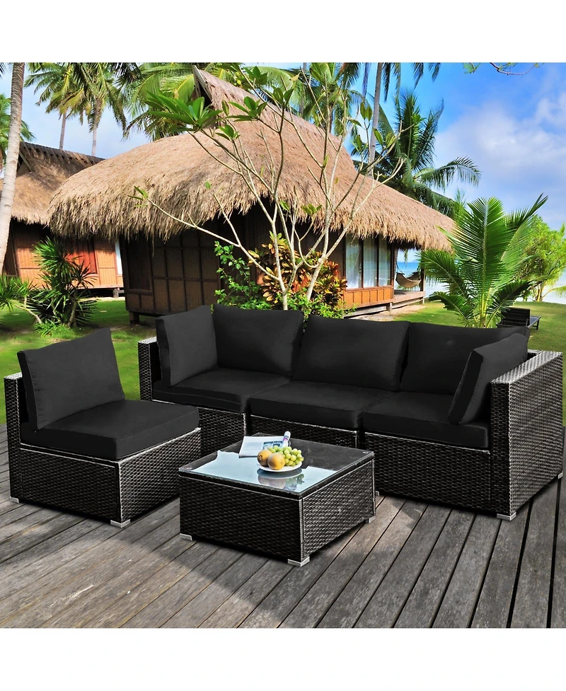 5 Pieces Cushioned Patio Rattan Furniture Set with Glass Table