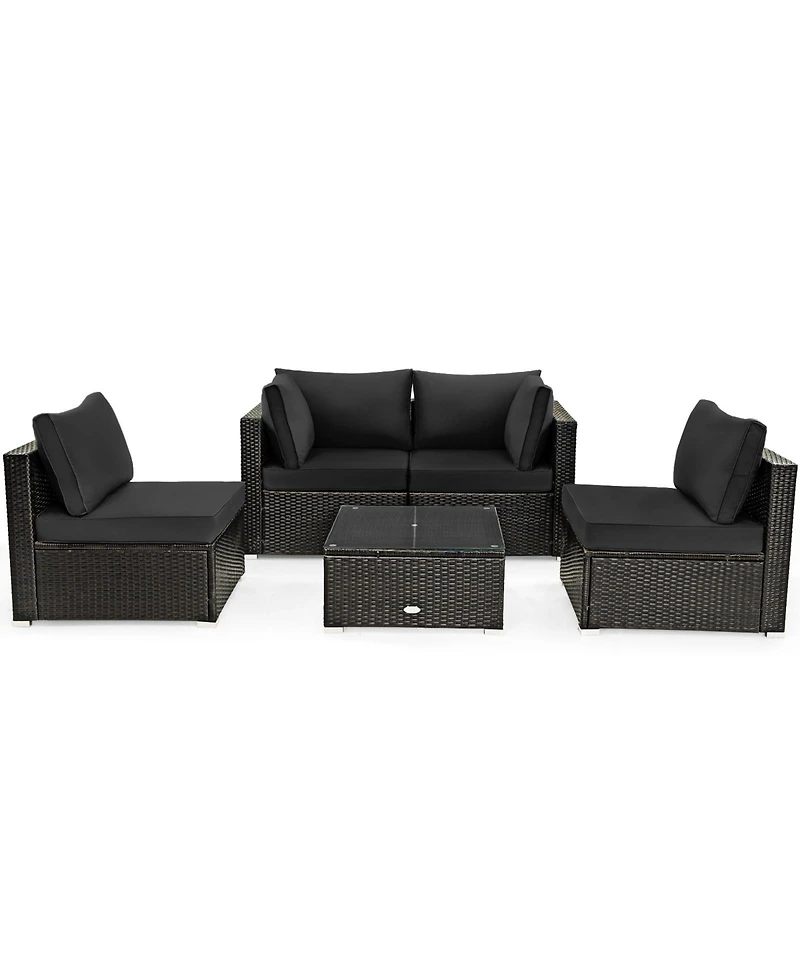 5 Pieces Cushioned Patio Rattan Furniture Set with Glass Table