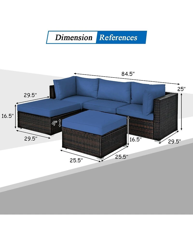 5 Pieces Patio Rattan Sofa Set with Cushion and Ottomans