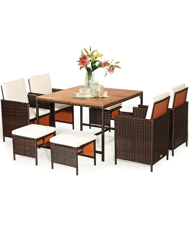 9 Pieces Patio Rattan Dining Cushioned Chairs Set