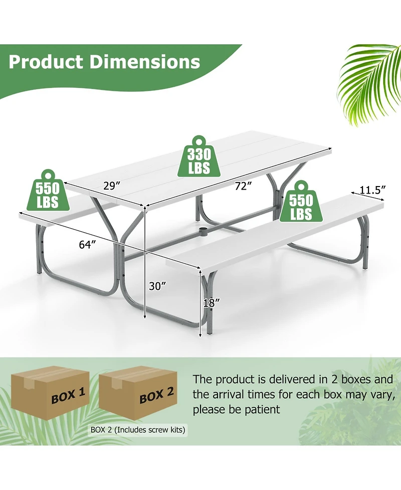 6 Ft Picnic Table Bench Set Dining Table and 2 Benches with Metal Frame and Hdpe Tabletop