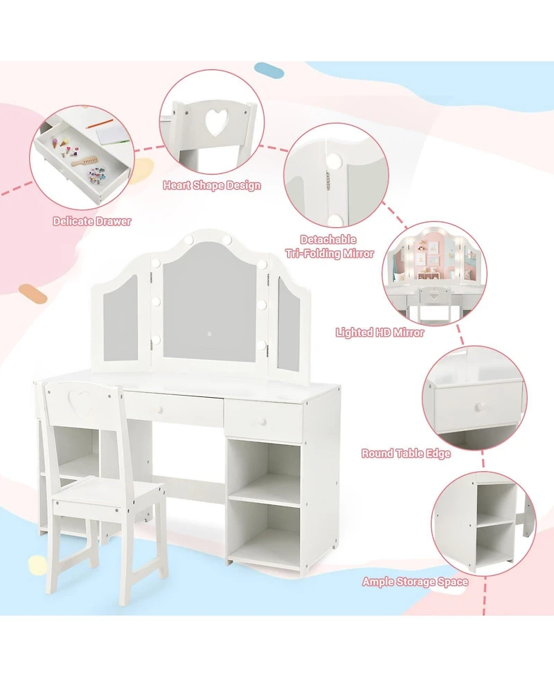 gaomon Kids Vanity Table, Princess Makeup Desk & Chair Set Withtouch Light Detachable Tri-Folding Mirror