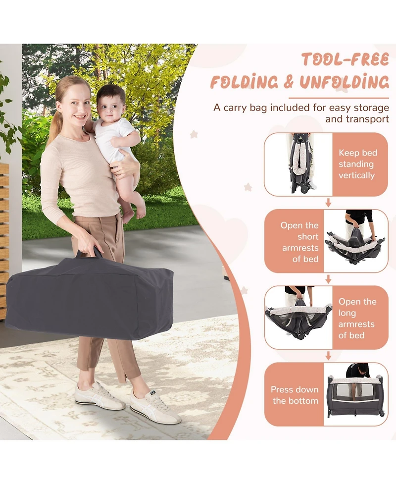 Gouun Kids 4 in 1 Portable Pack and Play Nursery Center with Bassinet-Heart