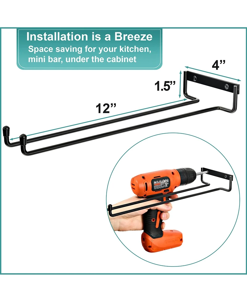 Sorbus 2 Pack 12 Inch Wall Mounted Wine Glass Racks for Under Cabinet - for Home Bar Holds Up to 4 Glasses Each