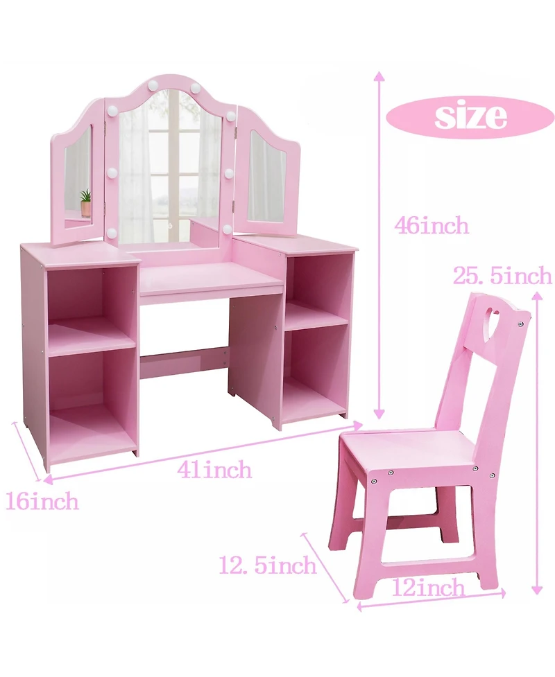 gaomon Kids Vanity Set, 2-in-1 Princess Makeup Table with Tri-Folding Mirror, Stool, Touch Lights, Toddler Vanity, Pretend Play Set for Kids, P