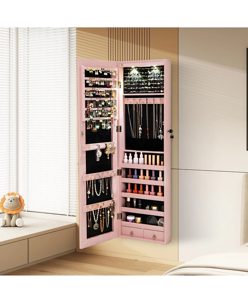 Gouun Wall and Door Mounted Mirrored Jewelry Cabinet with Lights