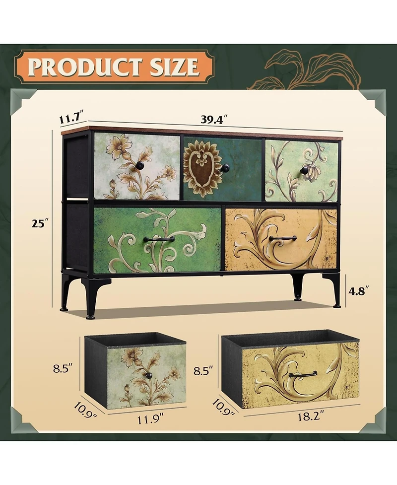 Wlive Dresser for Bedroom with 5 Drawers Wide Chest of Drawers Fabric Dresser Storage Organizer Unit with Fabric Bins for Closet Living Room Hallway F