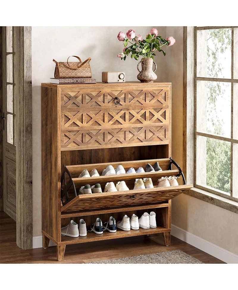 Tribesigns Shoe Cabinet with 2 Flip Drawers, Narrow Shoe Storage Organizer for Entryway, Wood Shoe Rack Cabinet with Wooden Legs Adjustable Shelves