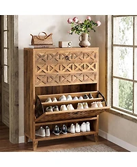 Tribesigns Shoe Cabinet with 2 Flip Drawers, Narrow Shoe Storage Organizer for Entryway, Wood Shoe Rack Cabinet with Wooden Legs Adjustable Shelves