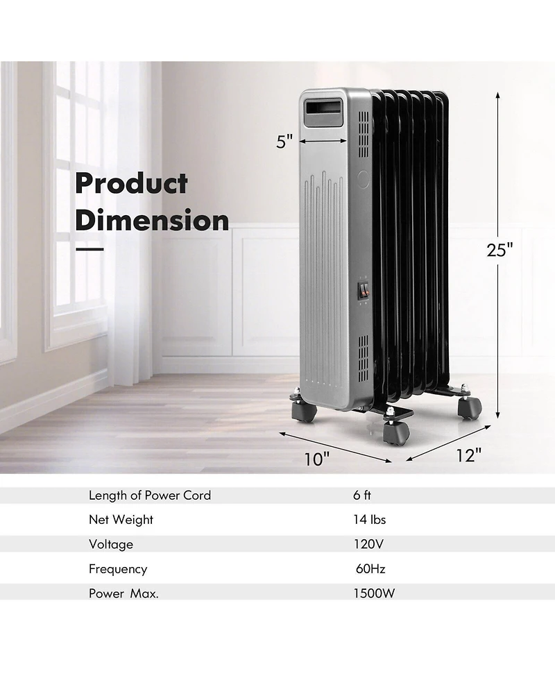 Gouun 1500W Portable Oil-Filled Radiator Heater for Home and Office