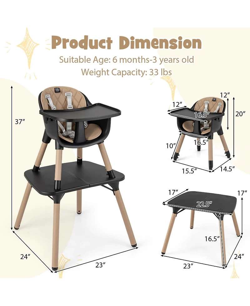 Costway Toddler 4 1 High Chair Convertible Table Set with Pu Cushion