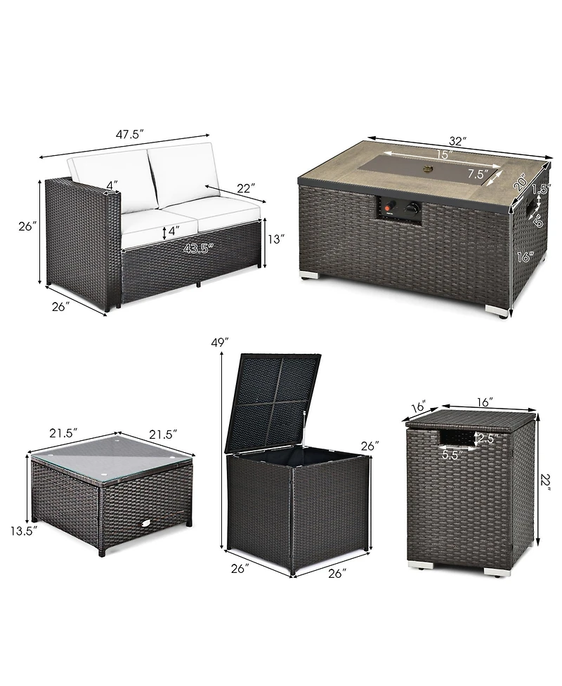 Gouun 6 Pieces Outdoor Wicker Furniture Set with 32 Inch Propane Fire Pit Table