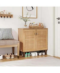 2-Door Shoe Cabinet with Ventilated Woven Doors & 3 Removable Shelves for Entryway
