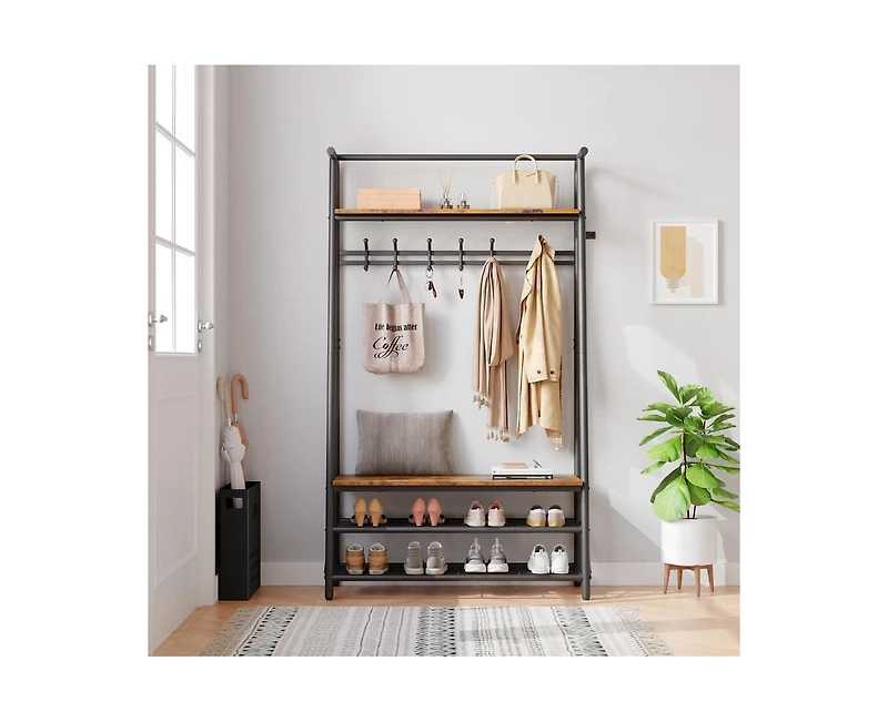 gaomon Coat Rack Shoe Bench, 4-in-1 Hall Trees Entryway Bench with Coat Rack and Shoe Rack
