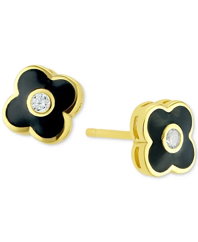 Cubic Zirconia Black & White Clover Stud Earrings in 14k Gold-Plated Sterling Silver