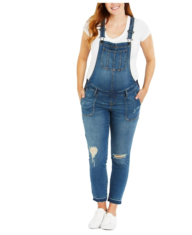 Motherhood Maternity Indigo Blue Side-Panel Letdown Skinny Ankle Denim Overalls 