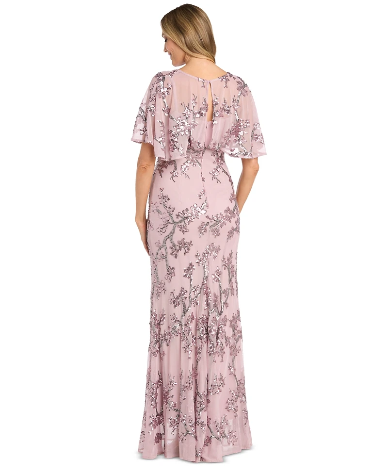 R & M Richards Women's Sequin Embellished Cape-Sleeve Gown