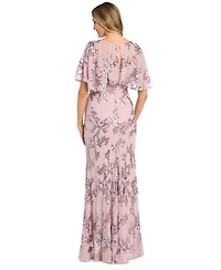 R & M Richards Women's Sequin Embellished Cape-Sleeve Gown