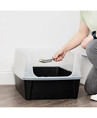 Iris Usa Extra Large Open Top Cat Litter Box with Scatter Shield, Sturdy Easy to Clean Open Air Kitty Litter Pan with Tall Spray, Black