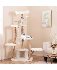 Costway 66" Tall Solid Wood Cat Tree with Perch Condo Jute Scratching Posts Sisal Rope