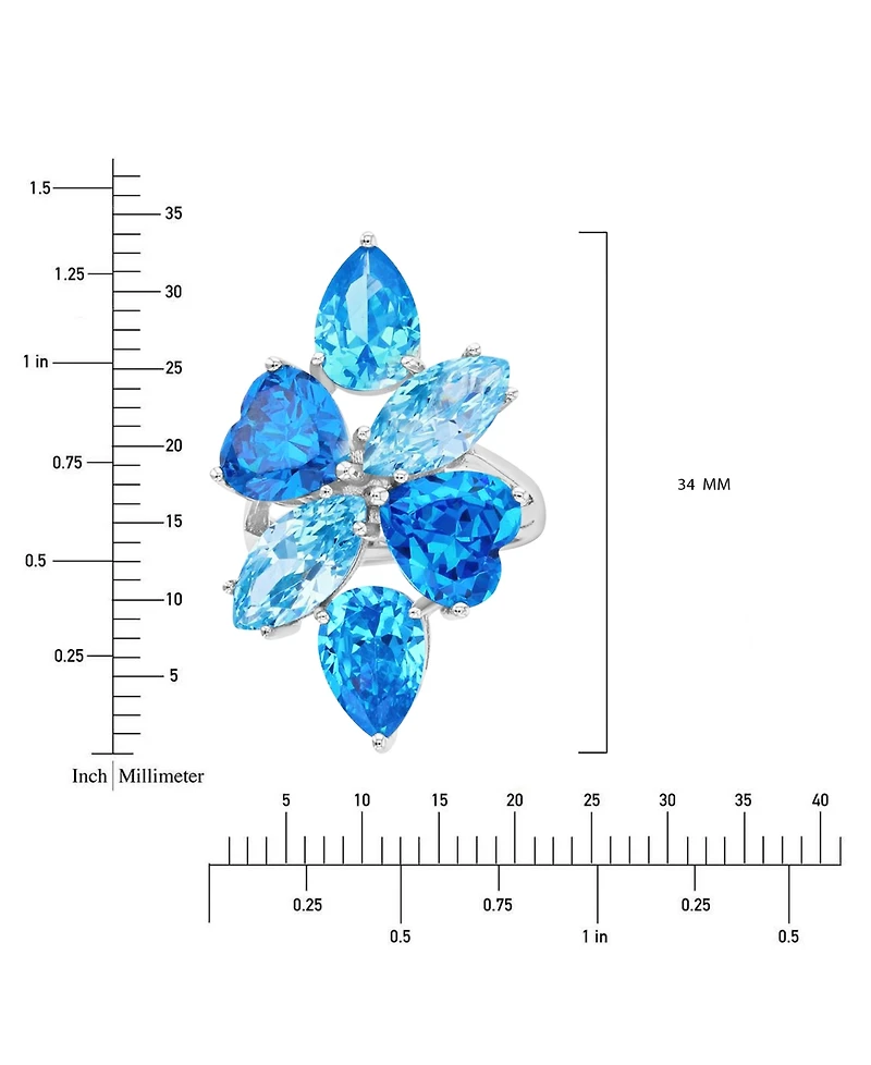 Blue Cubic Zirconia Mixed Cut Cluster Statement Ring in Sterling Silver