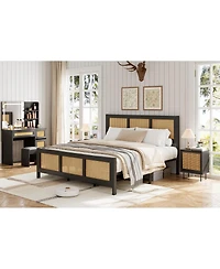 gaomon King Size Rattan Bed Frame with Headboard, Black Boho Cane Platform Bed Frame with Strong Metal Slat, Noise Free