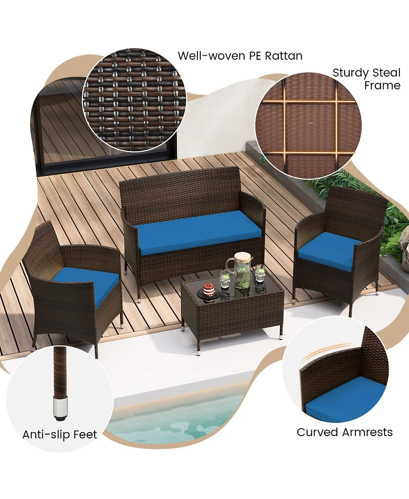 Gouun 4 Pieces Comfortable Outdoor Rattan Sofa Set with Glass Table-Peacock