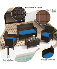 Gouun 4 Pieces Comfortable Outdoor Rattan Sofa Set with Glass Table-Peacock