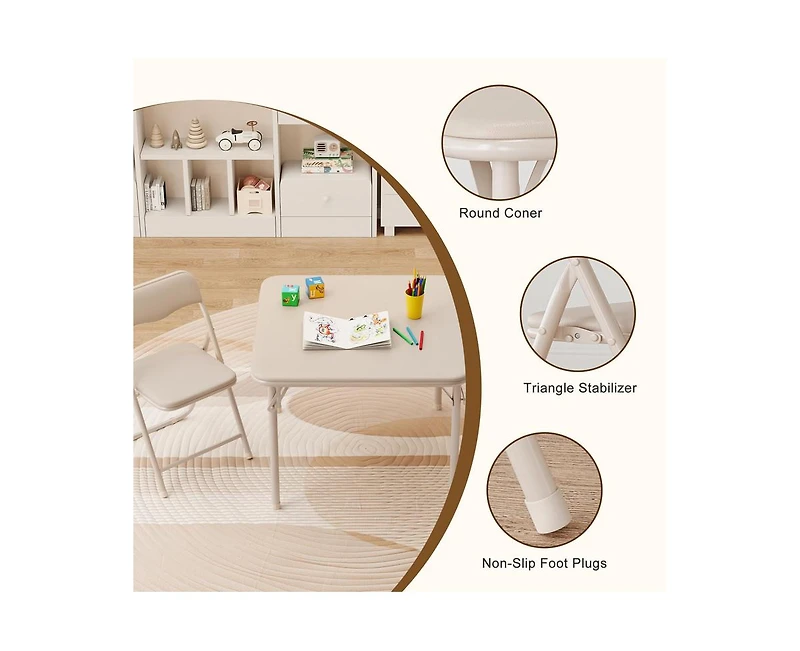 Boys and Girls Folding Table and Chairs Set of 3, Portable Table and Chair with Pu Soft Cushion, No Installation Required, Suitable for Eating