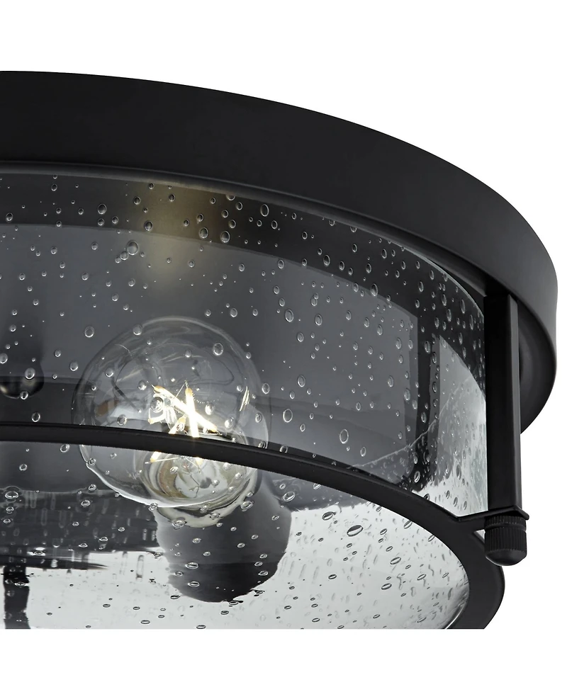 Franklin Iron Works Midnight 13" Modern Flush-Mount Ceiling Light Fixture Kitchen Foyer Hallway Round 2-Light Black Seeded Glass