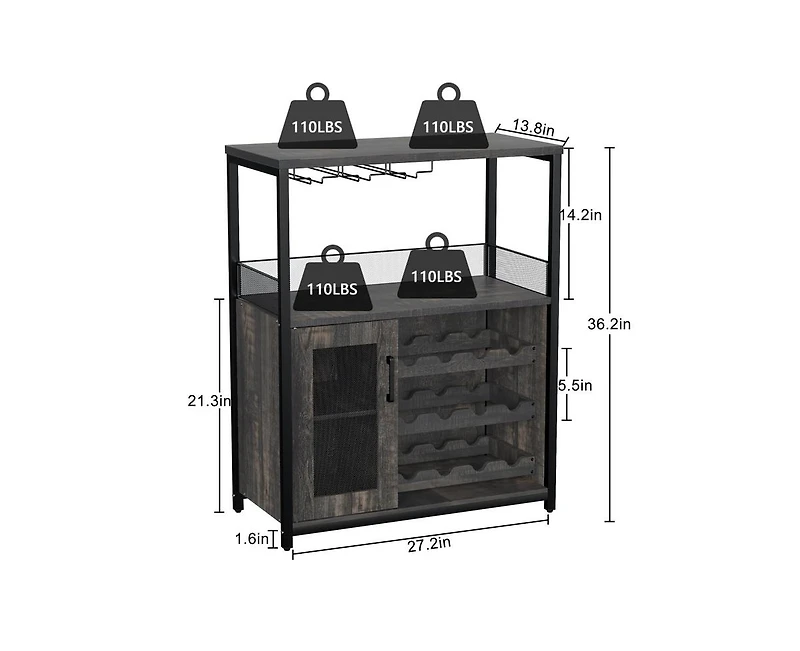 gaomon Wine Bar Cabinet with Detachable Wine Rack, Bar Rack Cabinet with Glass Holder and 1 Drawer, Mesh Door, Small Sideboard and Buffet Cabinet for