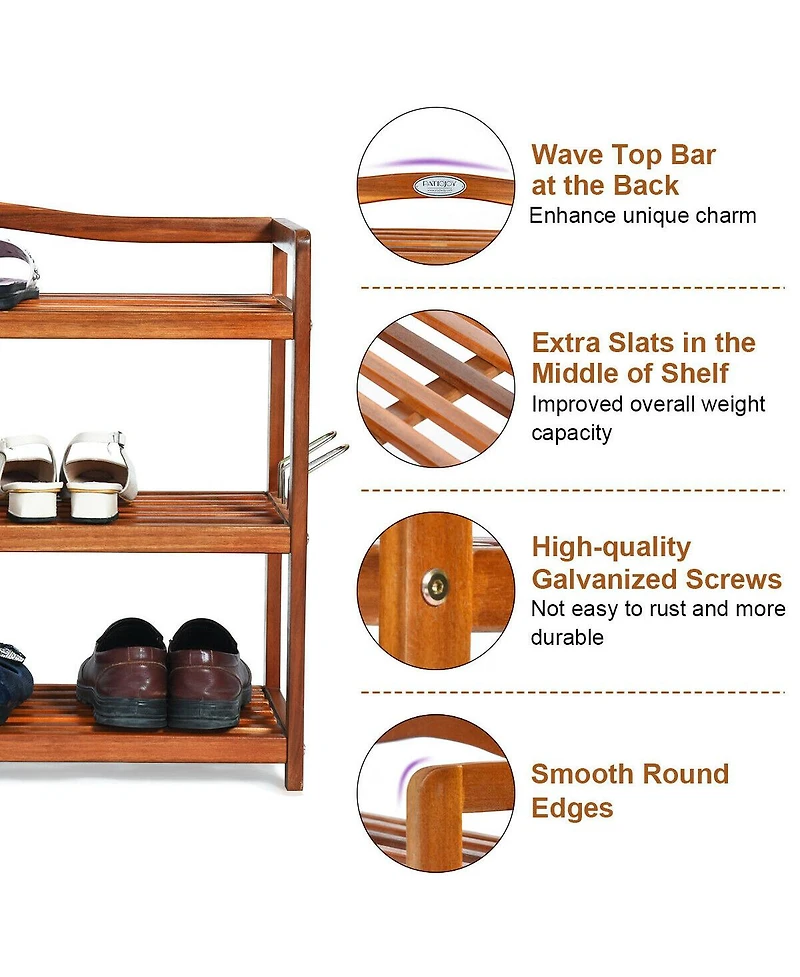 Gouun 3-Tier Acacia Wood Shoe Rack with Side Metal Hooks