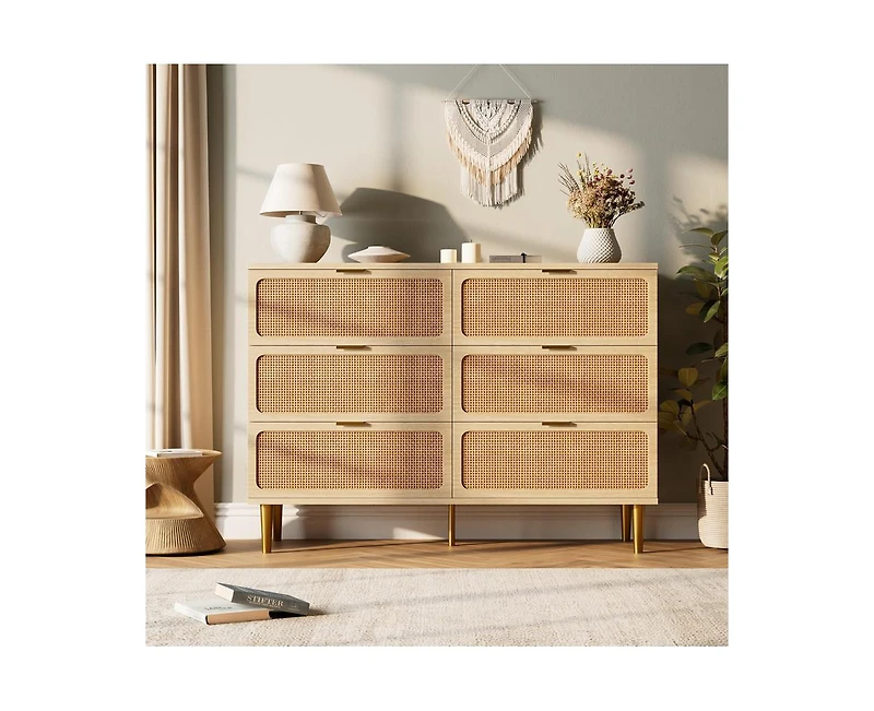 Rattan 6 Drawer Dresser for Bedroom with Wide Top, Large Double Dresser for Closet with Deep Drawers, Wooden Chest of Drawer for Living Room