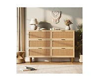 Rattan 6 Drawer Dresser for Bedroom with Wide Top, Large Double Dresser for Closet with Deep Drawers, Wooden Chest of Drawer for Living Room