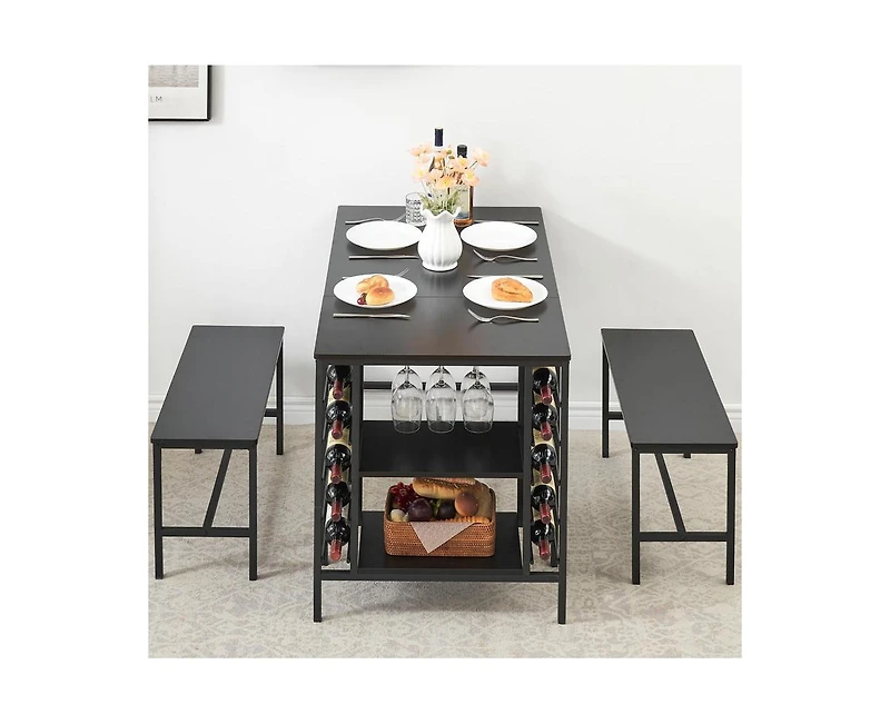 gaomon Dining Table Set for 4, Kitchen Table Set for 4 with 2 Benches, Rectangular Dining Room Table Set with Wine Rack & Storage Shelves, 3 Piece Din