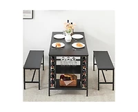 gaomon Dining Table Set for 4, Kitchen Table Set for 4 with 2 Benches, Rectangular Dining Room Table Set with Wine Rack & Storage Shelves, 3 Piece Din