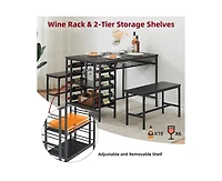gaomon Dining Table Set for 4, Kitchen Table Set for 4 with 2 Benches, Rectangular Dining Room Table Set with Wine Rack & Storage Shelves, 3 Piece Din